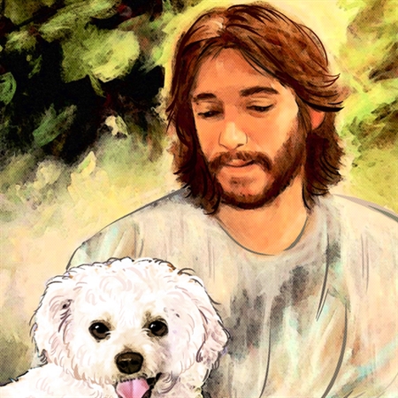 Watercolor Pop Art Portrait of Jesus with A Little White Dog from Photo,by myDaVinci - myDaVinci